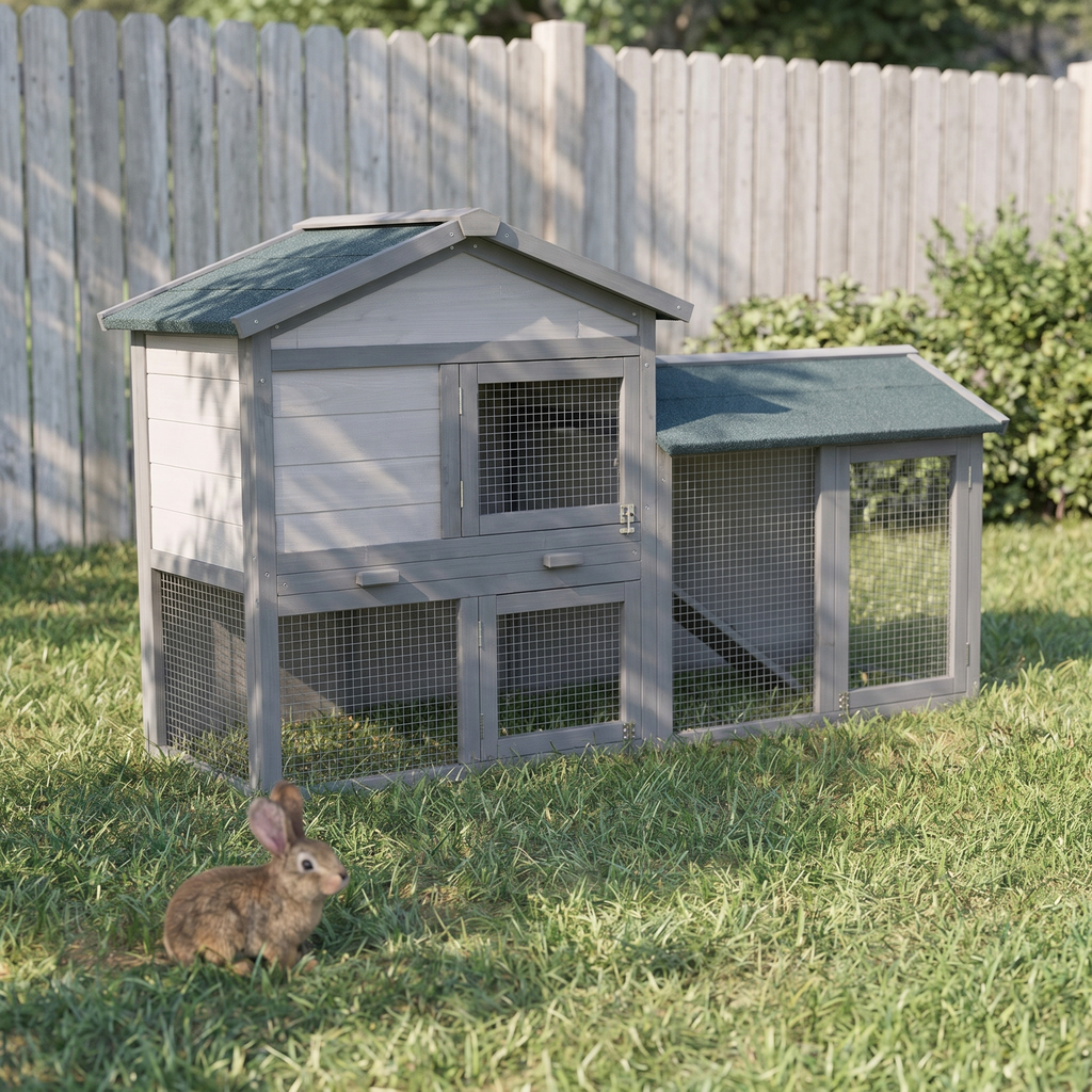 Large grey two-storey wooden rabbit hutch with run in a backyard garden - wrenwood hero