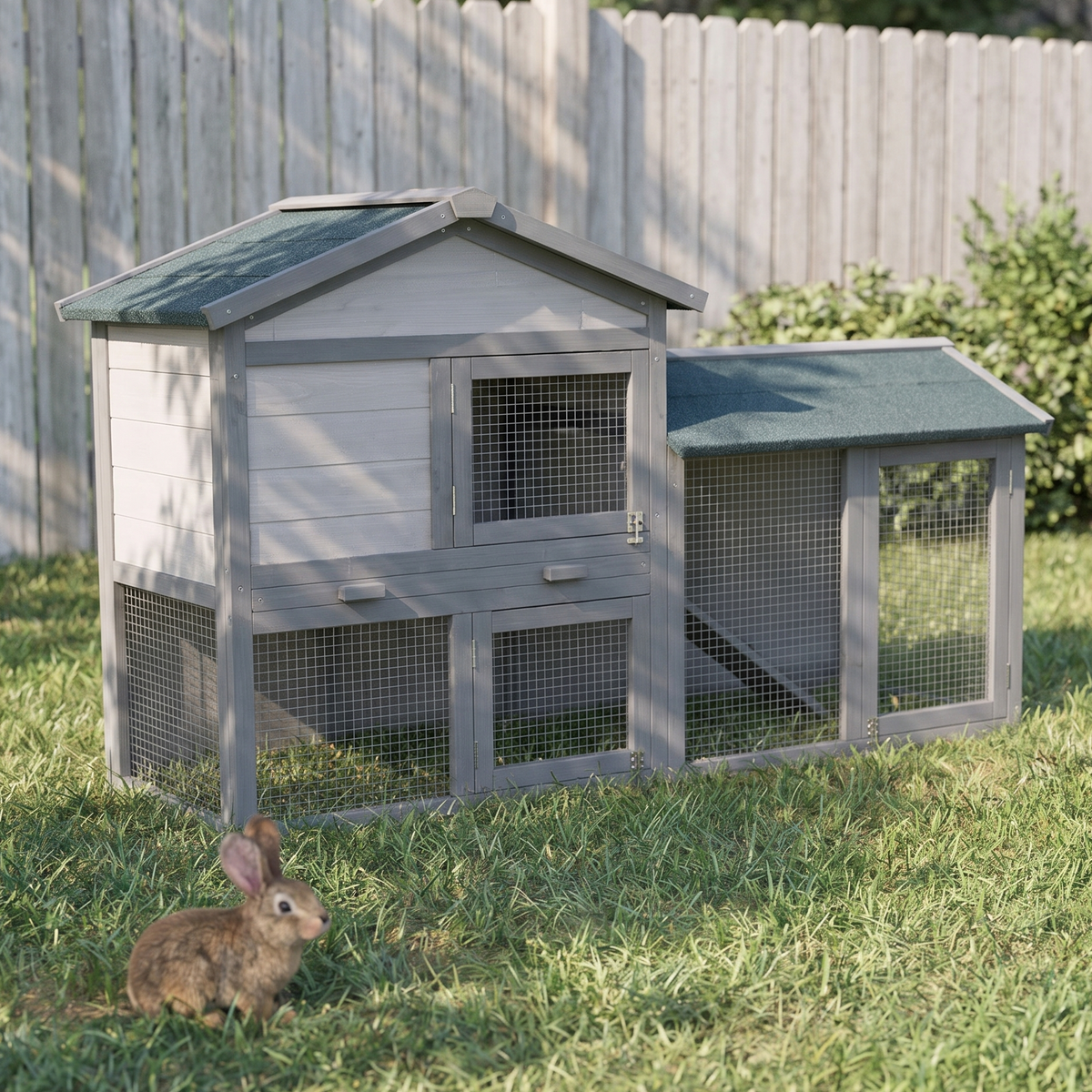Large gray two-story wooden rabbit hutch with run in a backyard garden - wrenwood hero