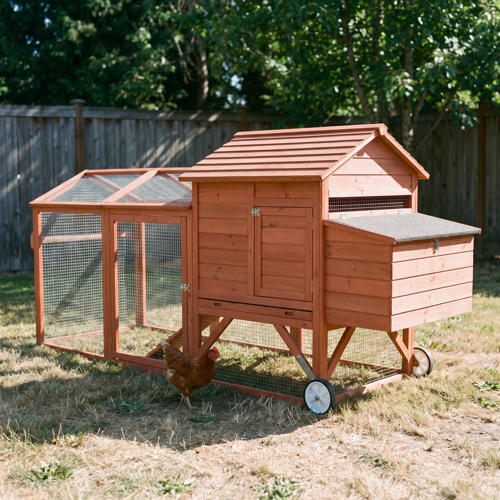 Portable wooden chicken coop on wheels with run in a backyard - wrenwood hero