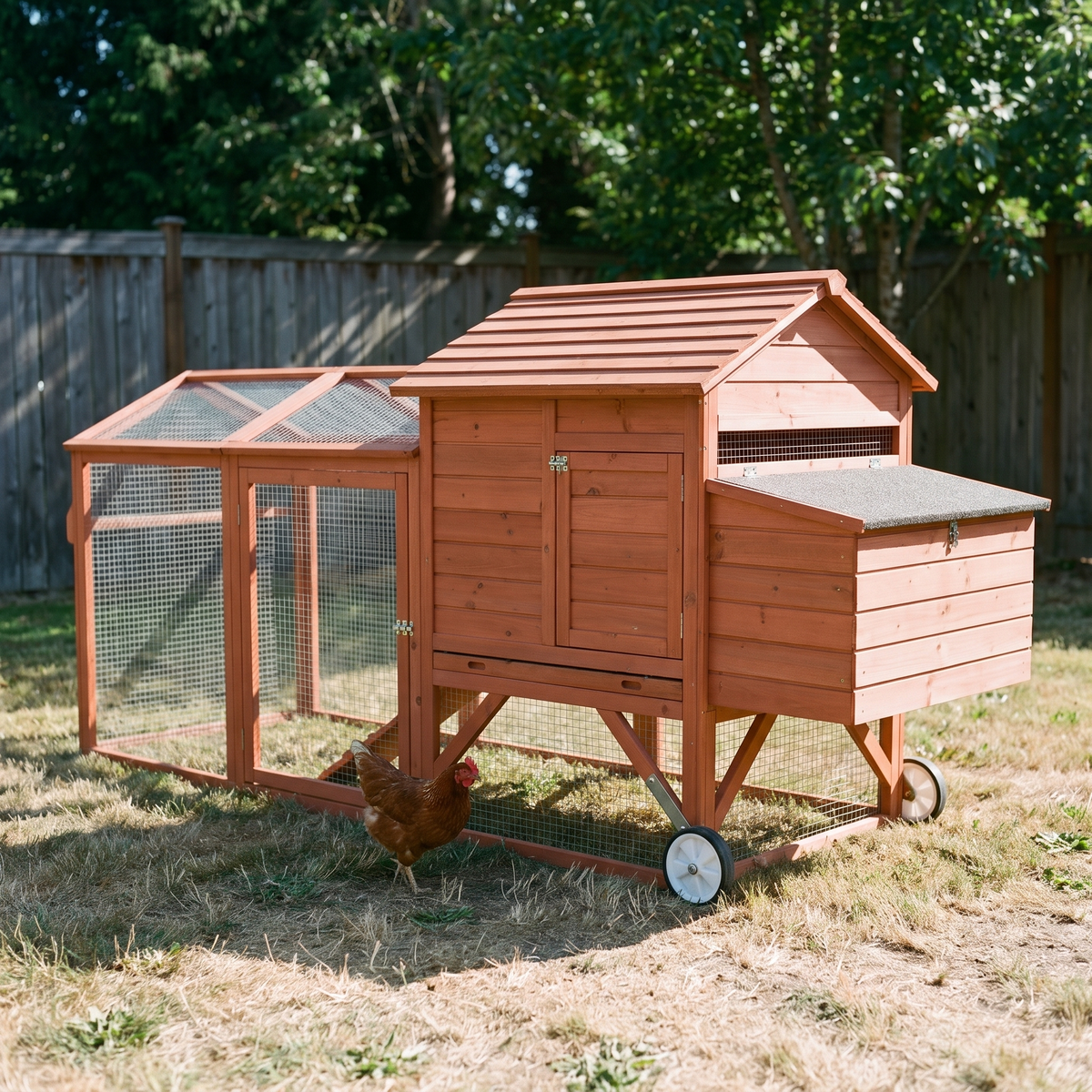 Portable wooden chicken coop on wheels with run in a backyard - wrenwood hero