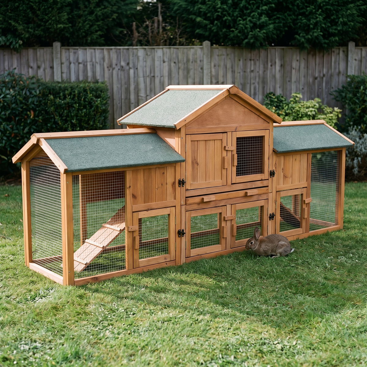 Oversized natural wood rabbit hutch with two run areas on a backyard lawn - wrenwood hero