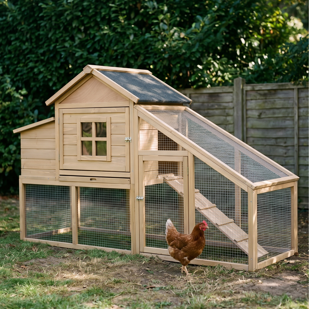Wooden chicken coop with ramp and run in a backyard - wrenwood hero