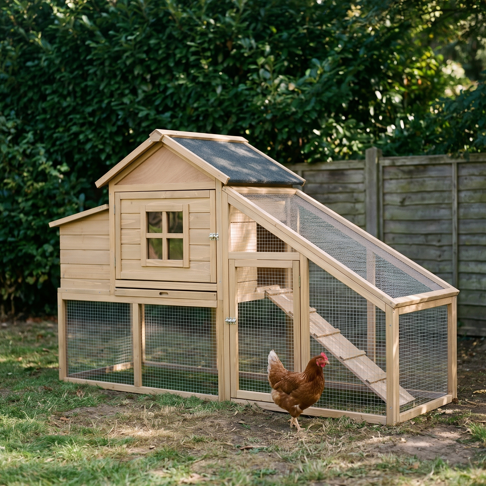 Wooden chicken coop with ramp and run in a backyard - wrenwood hero