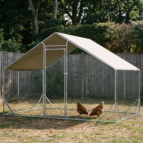 Walk-in galvanized metal chicken run enclosure in a backyard - wrenwood hero