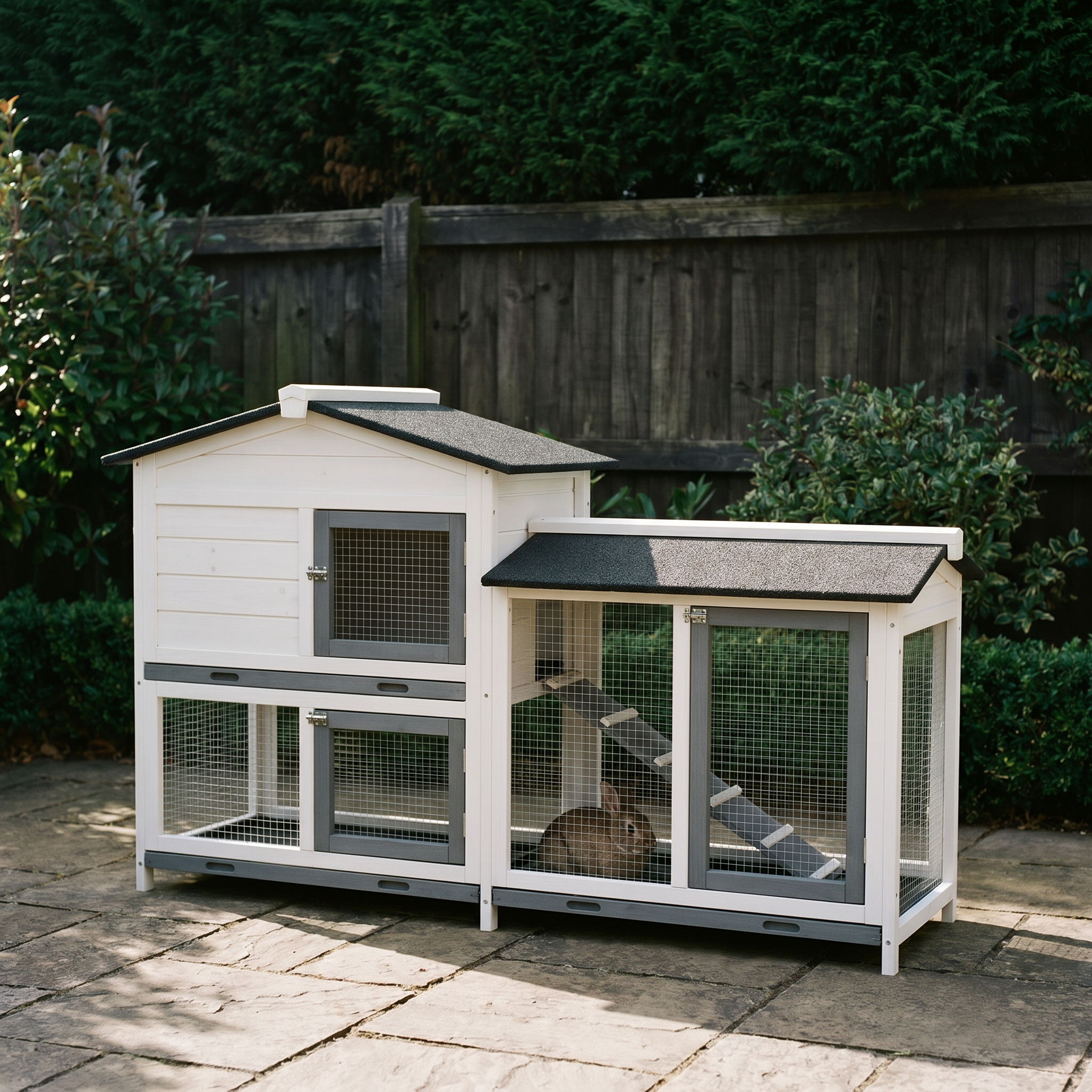 White wooden rabbit hutch with run and ramp on a garden patio - wrenwood hero