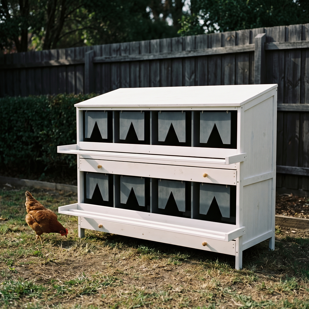 White wooden 8-compartment chicken nesting box in a backyard - wrenwood hero