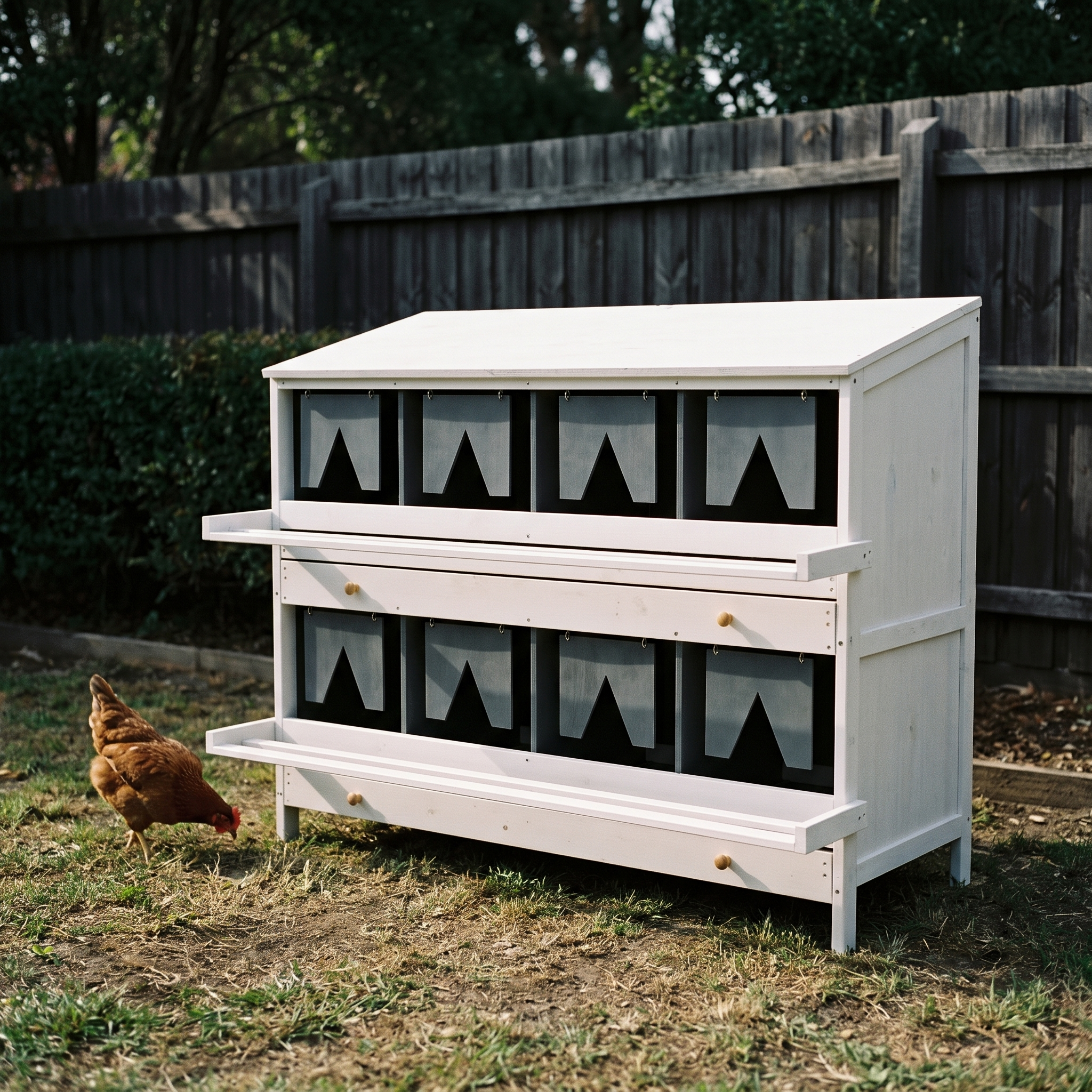 White wooden 8-compartment chicken nesting box in a backyard - wrenwood hero