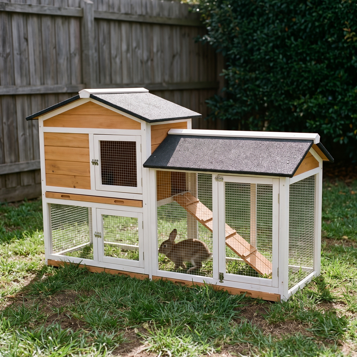Large wooden rabbit hutch with run and ramp on backyard grass - wrenwood hero