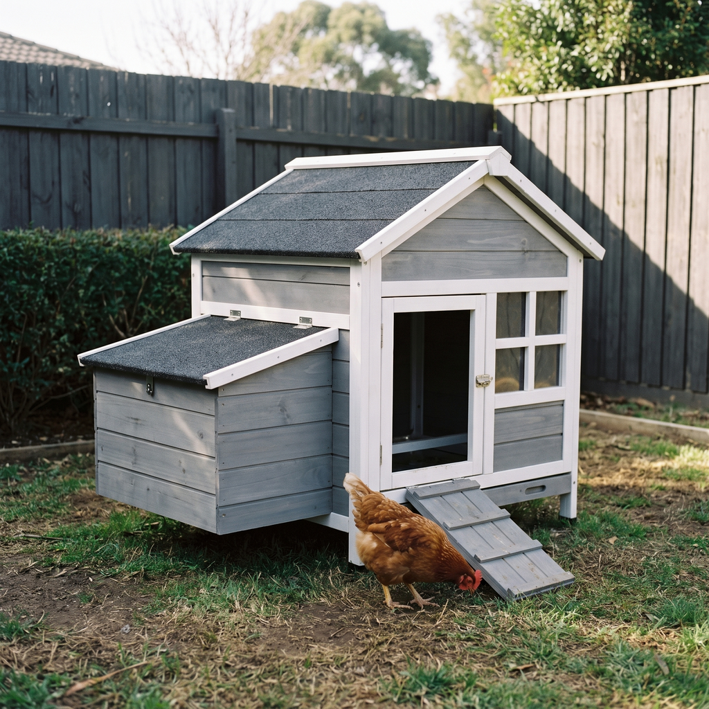 Grey and white wooden chicken coop with ramp in a backyard - wrenwood hero