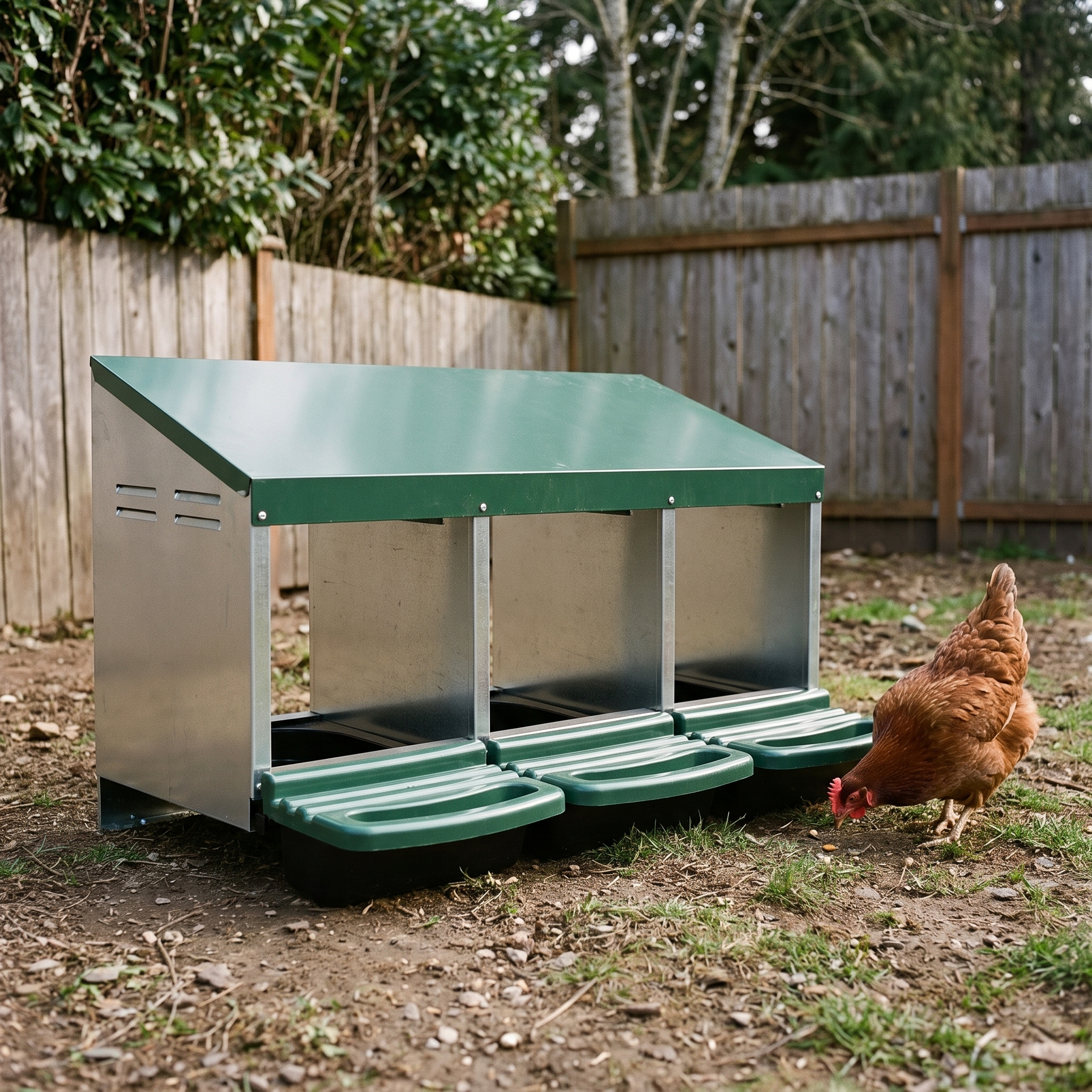 Roll-out metal chicken nesting box with egg trays in a backyard run - wrenwood hero