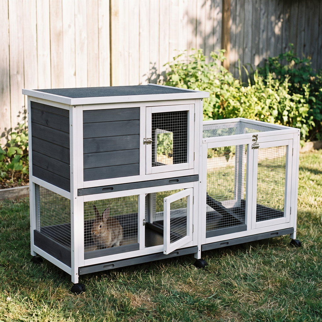 Elevated two-tier wooden rabbit hutch with ramp and wheels - wrenwood hero