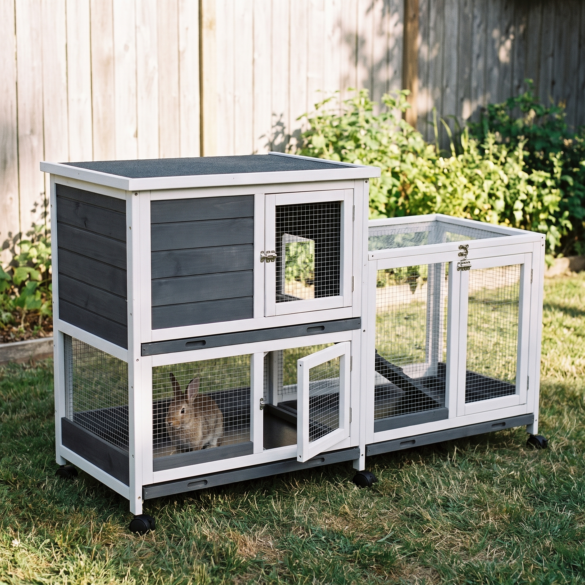 Elevated two-tier wooden rabbit hutch with ramp and wheels - wrenwood hero
