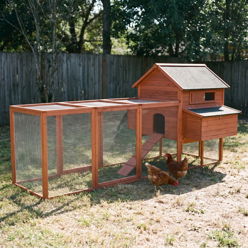 Extra large wooden chicken coop with nesting box and run in a backyard - wrenwood hero