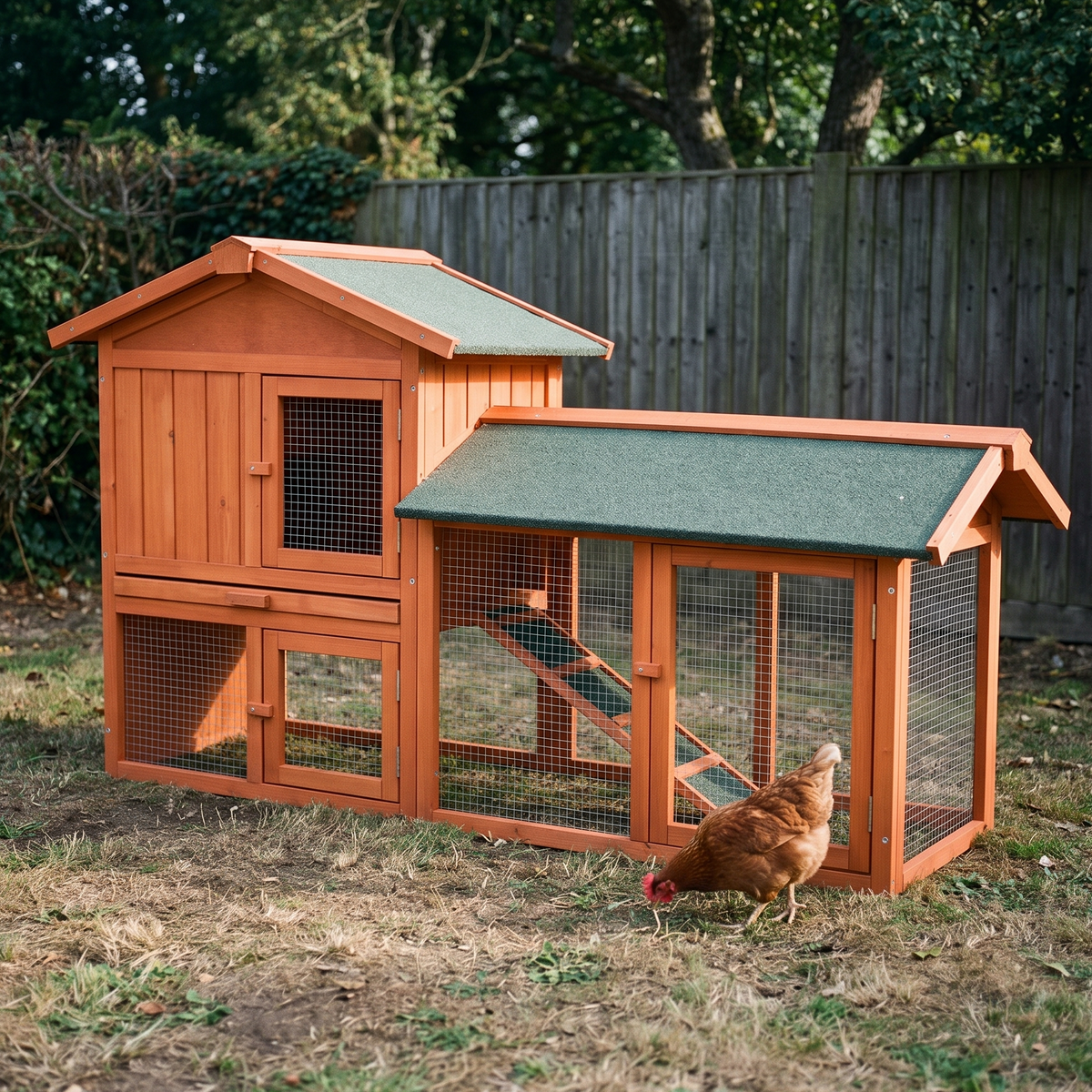 Wooden chicken coop with hen house, run and ramp in a backyard - wrenwood hero