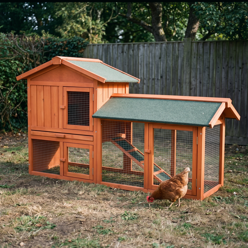 Wooden chicken coop with hen house, run and ramp in a backyard - wrenwood hero