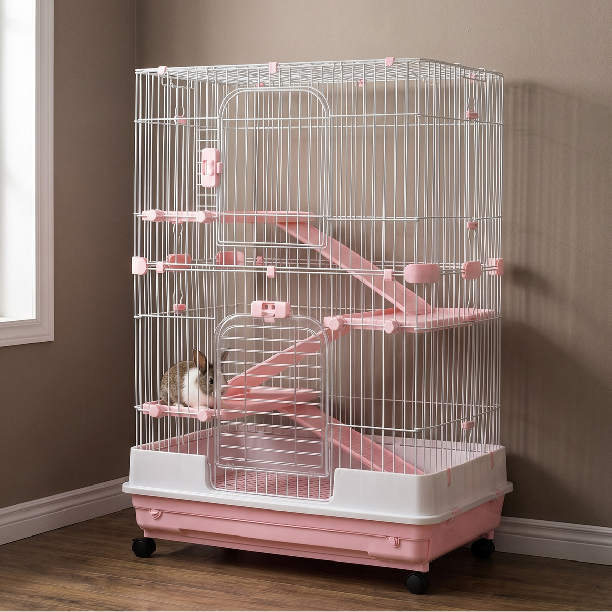 Four level pink rolling wire small animal cage with ramps in a living room - wrenwood hero