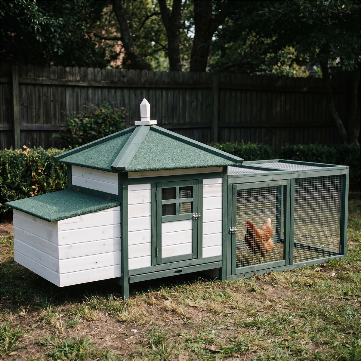 Cottage-style wooden chicken coop with run in a backyard - wrenwood hero