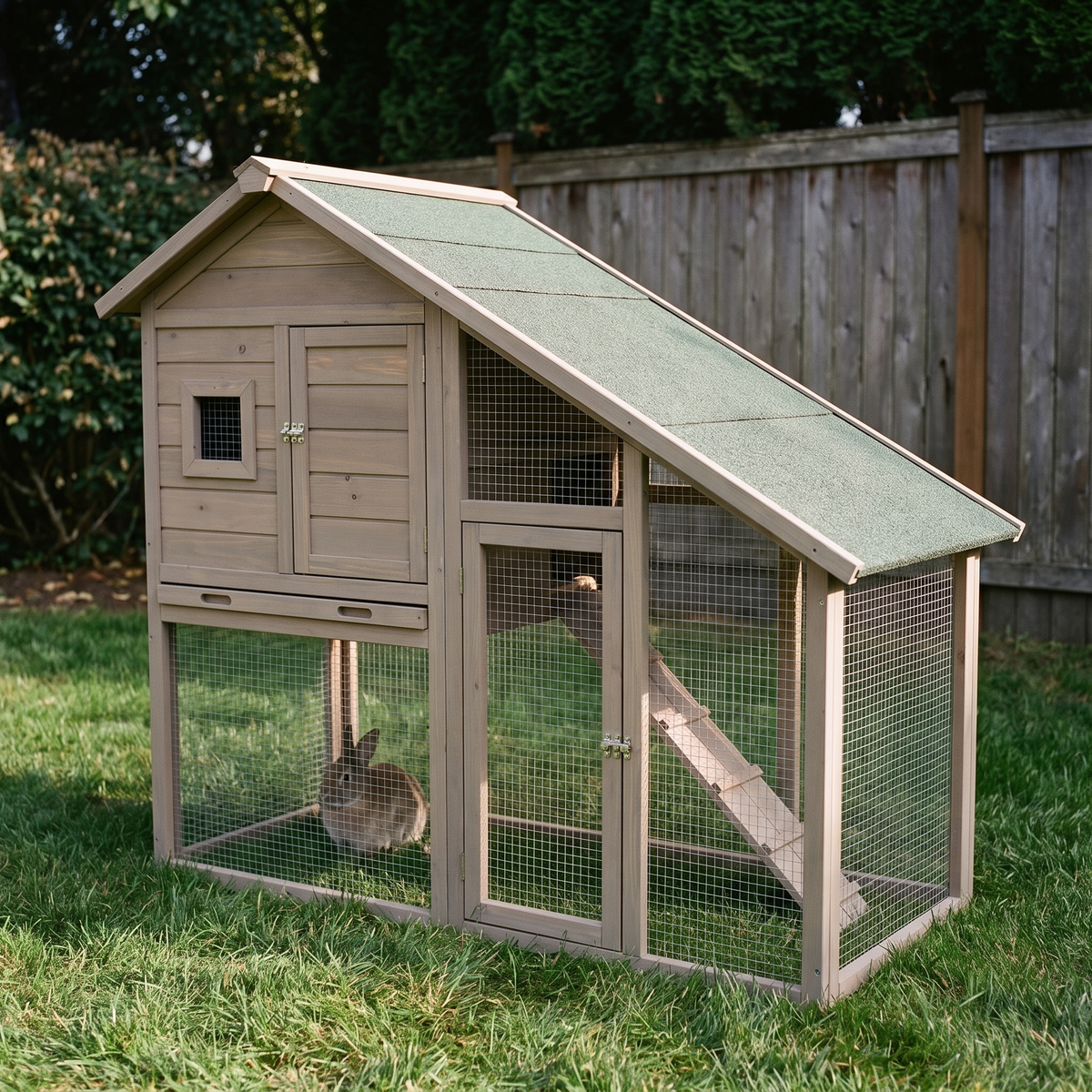 Two-tier wooden rabbit hutch with run and pitched roof in a backyard - wrenwood hero