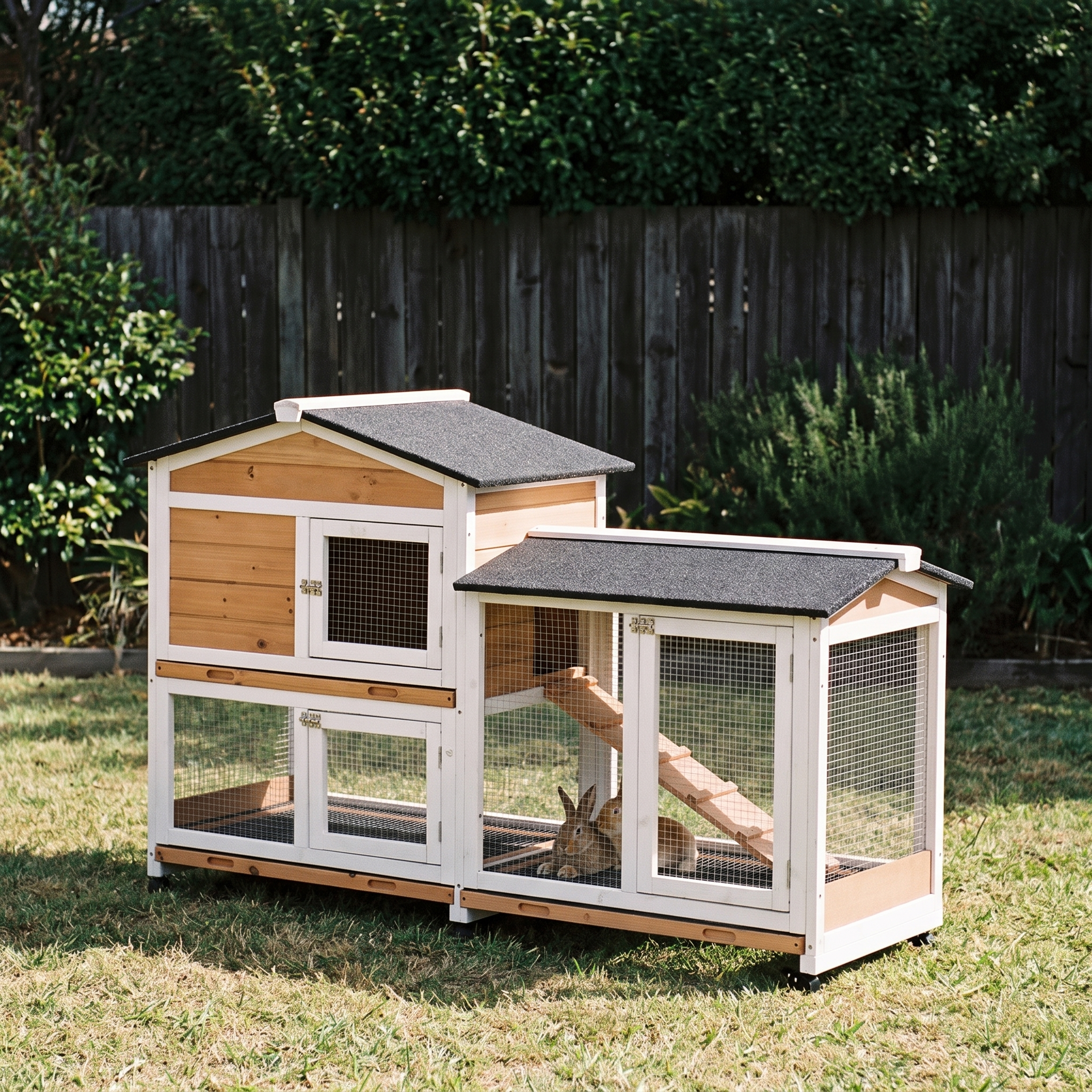 Mobile wooden rabbit hutch on wheels with run and ramp on backyard grass - wrenwood hero