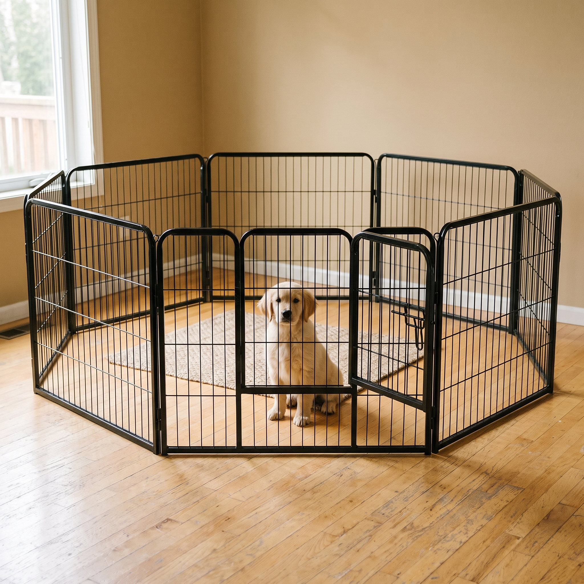 Black metal foldable dog playpen set up in a living room with a puppy inside - wrenwood hero