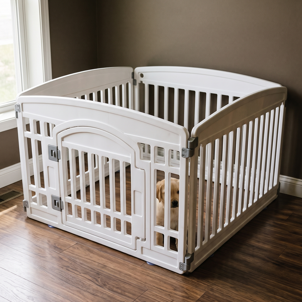 White plastic foldable dog fence playpen set up in a living room with a puppy inside - wrenwood hero
