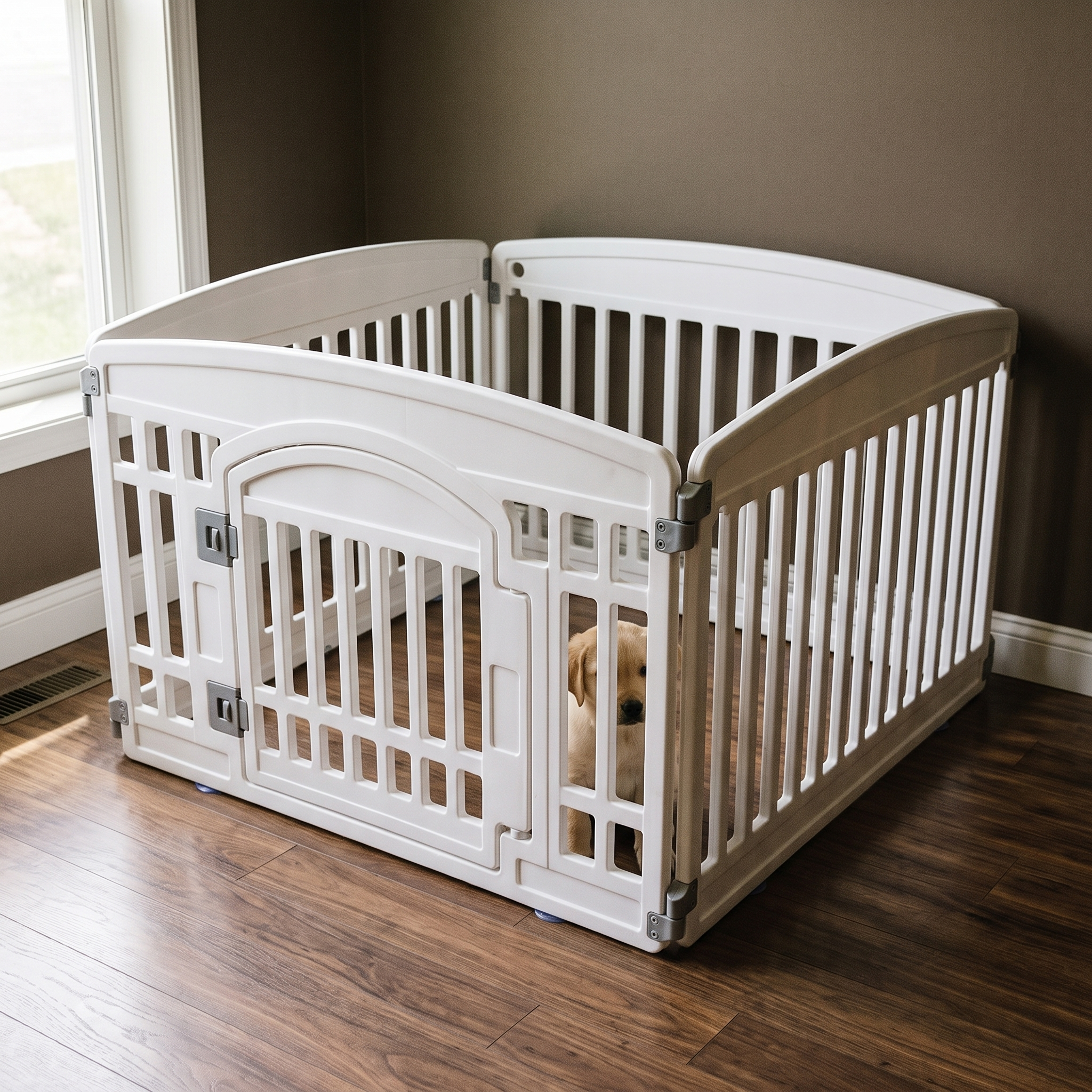 White plastic foldable dog fence playpen set up in a living room with a puppy inside - wrenwood hero
