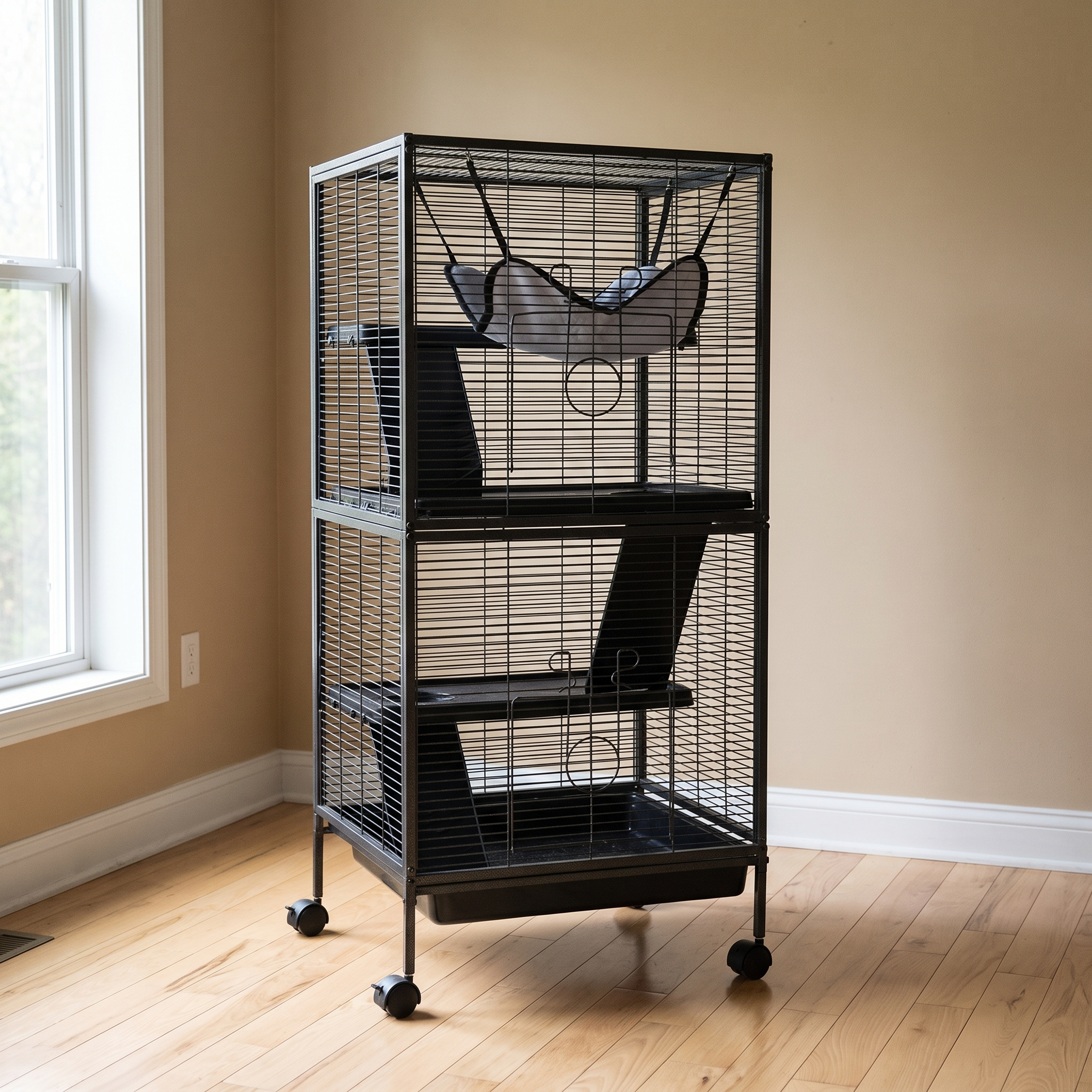 4-tier black wire rolling small animal cage in a sunlit living room - wrenwood hero