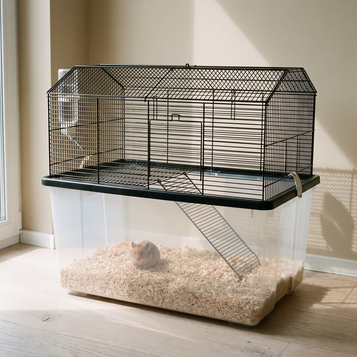 Black wire two-tier hamster cage with deep base in a home office - wrenwood hero