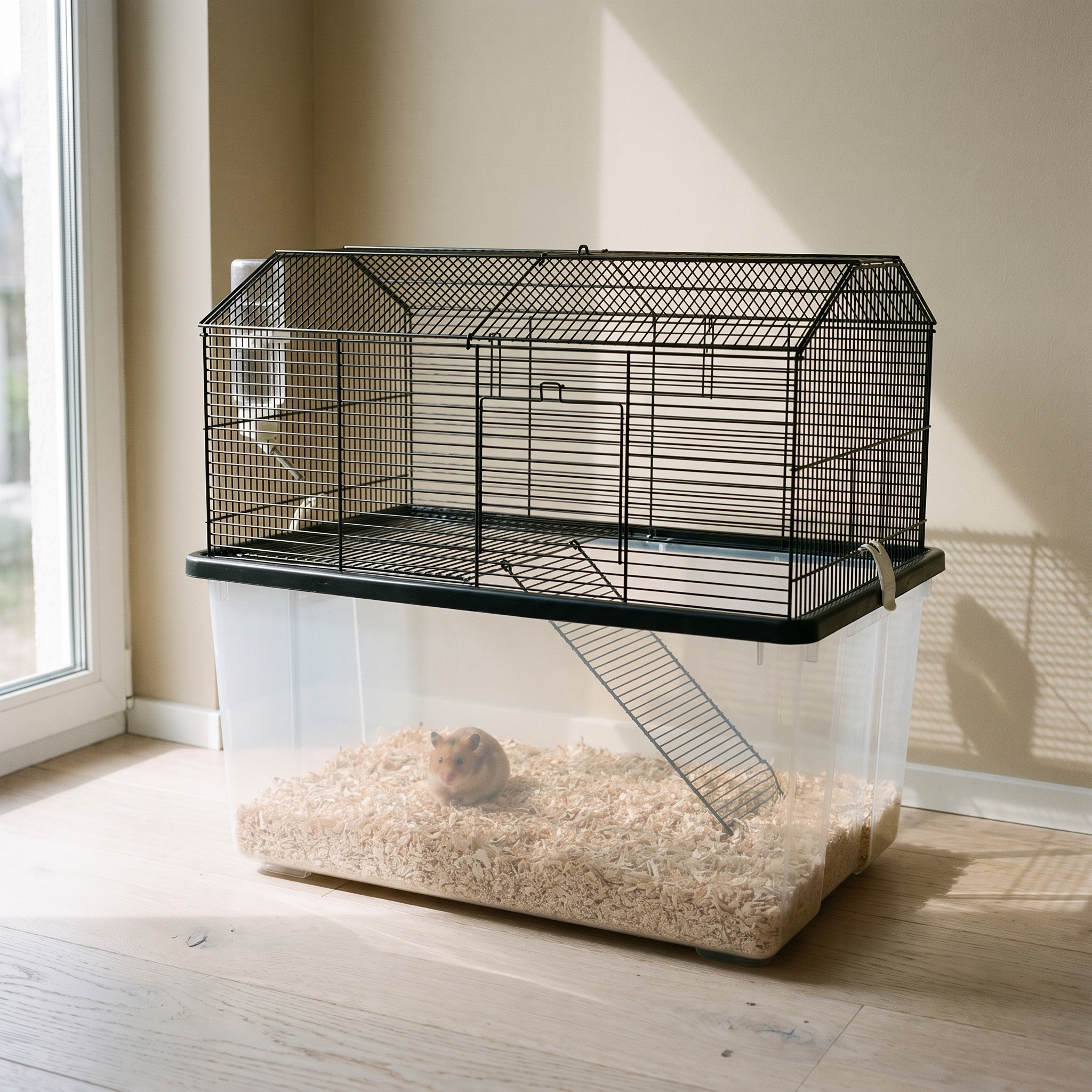 Black wire two-tier hamster cage with deep base in a home office - wrenwood hero