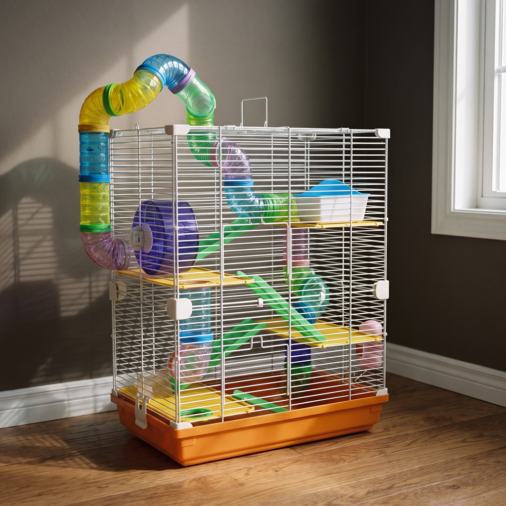 5-tier white wire hamster cage with tubes and wheel in a sunlit bedroom - wrenwood hero