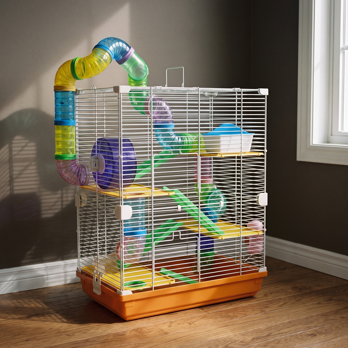 5-tier white and orange wire hamster cage with tubes and wheel in a sunlit bedroom - wrenwood hero
