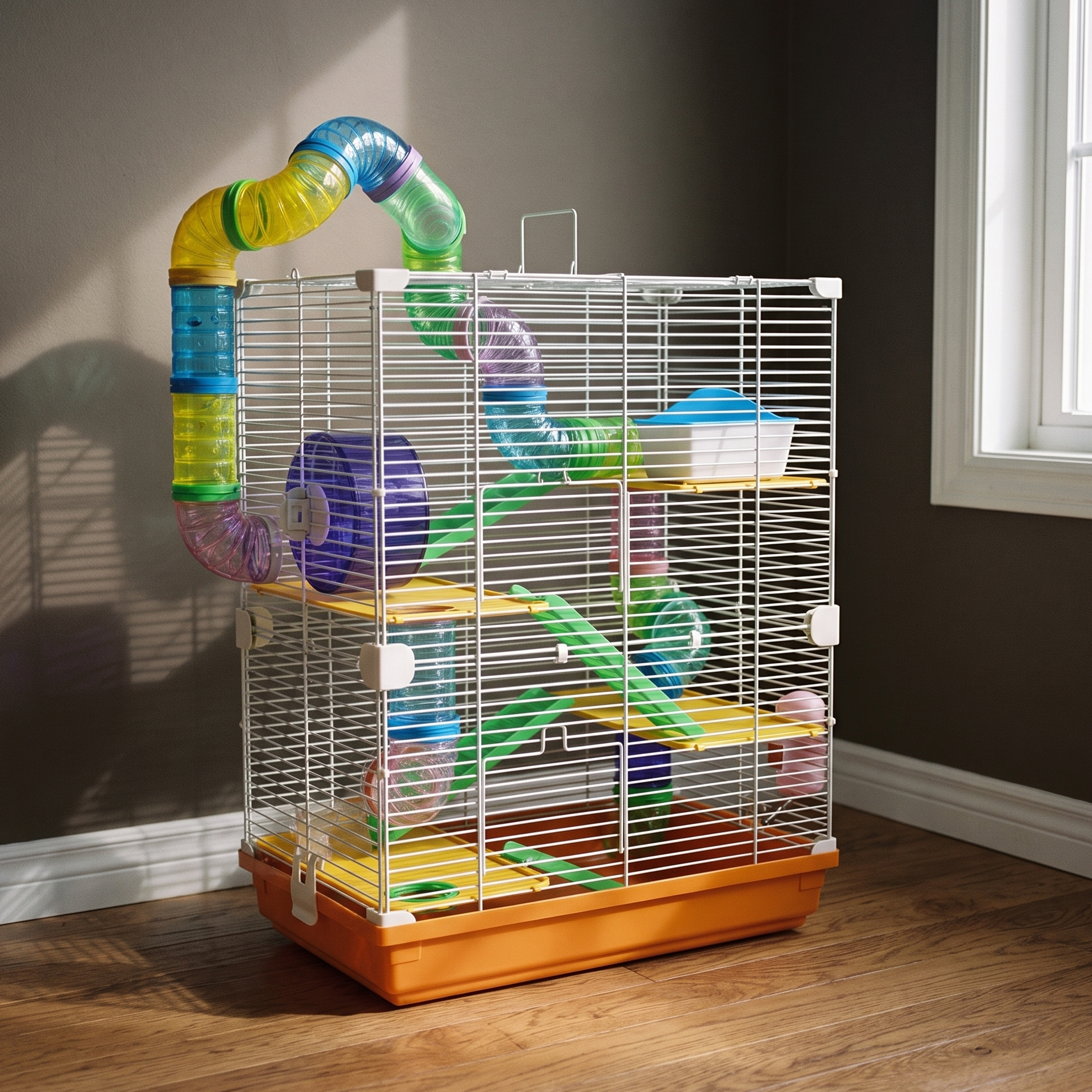 5-tier white wire hamster cage with tubes and wheel in a sunlit bedroom - wrenwood hero