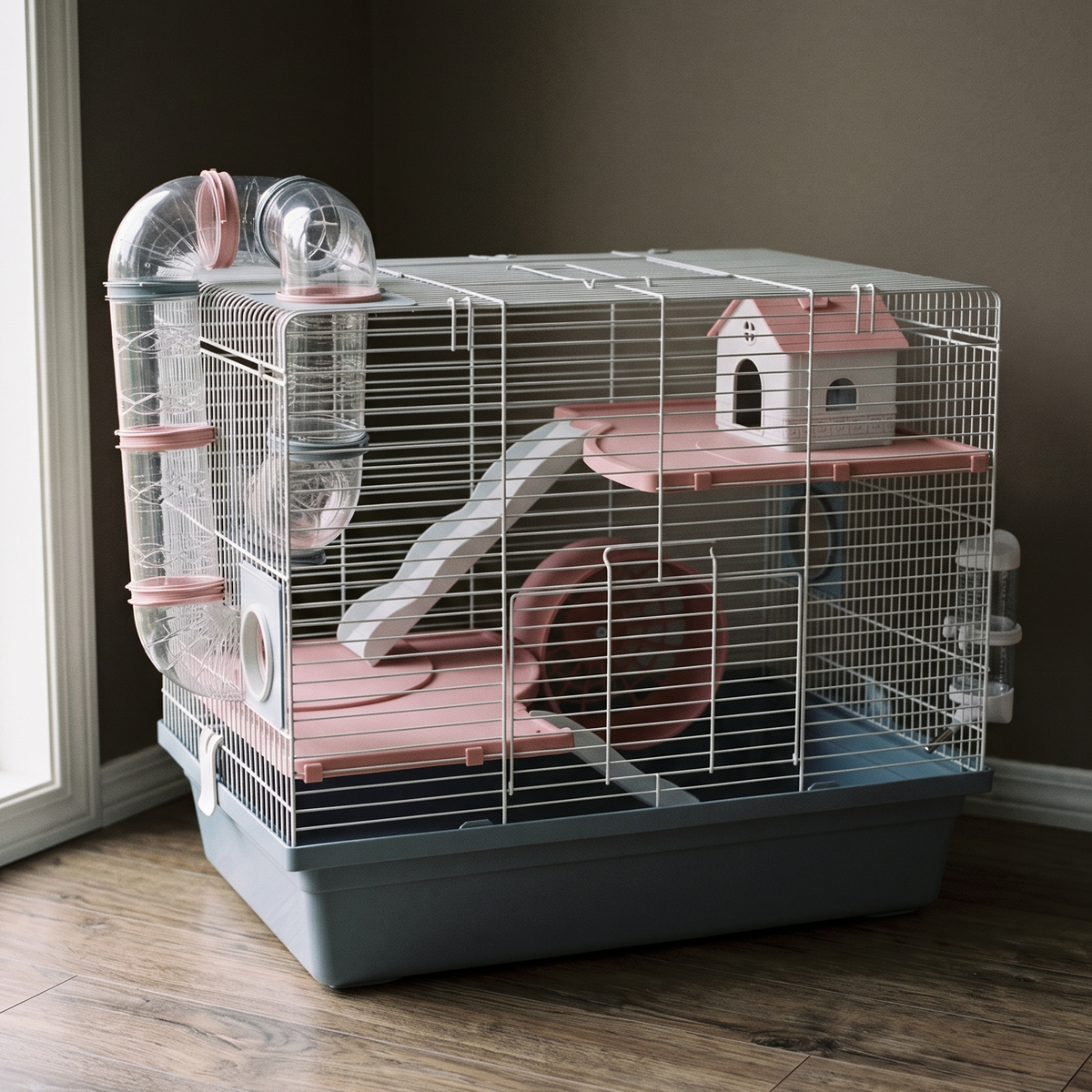 Three-tier hamster cage with tubes and wheel in a living room - wrenwood hero