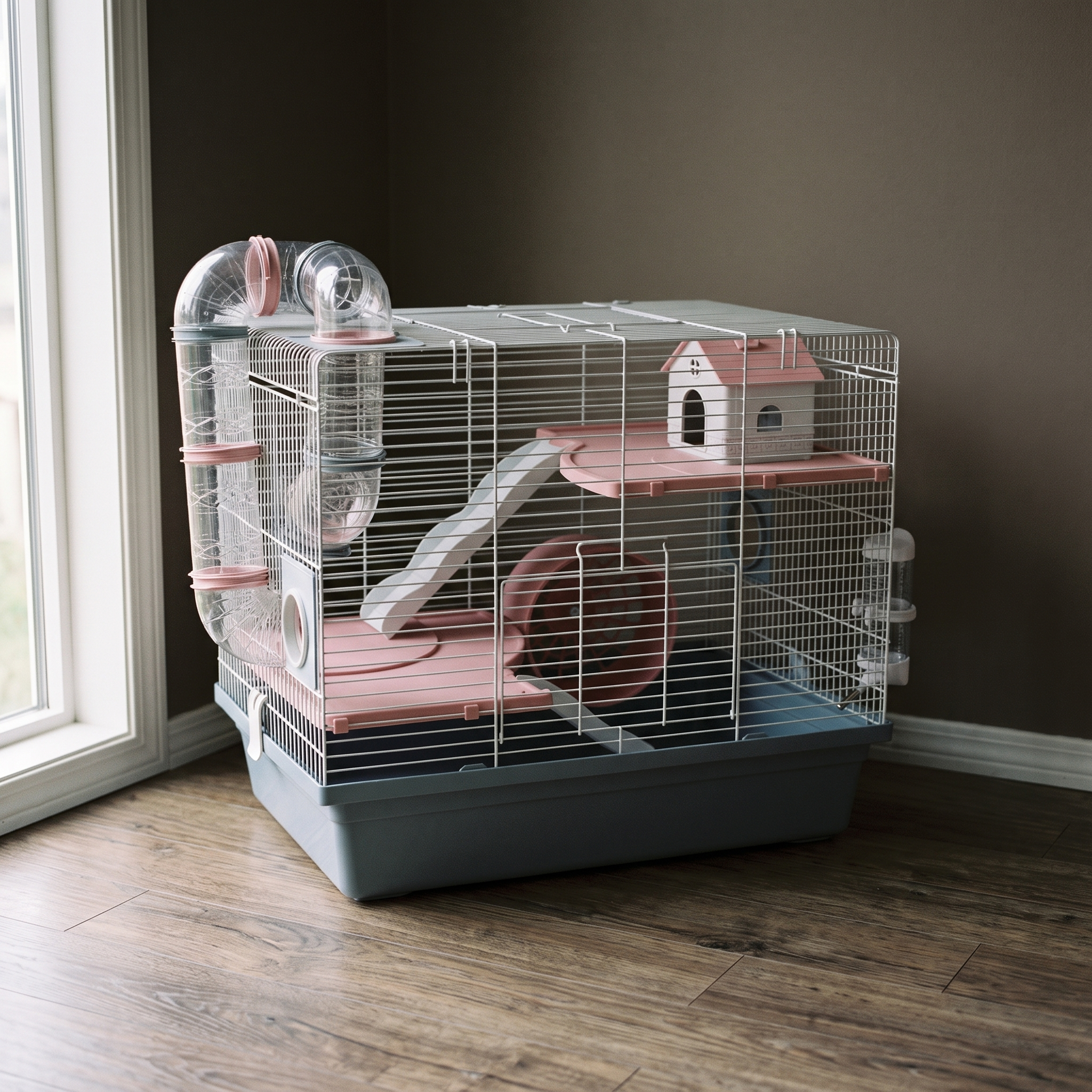 Three-tier hamster cage with tubes and wheel in a living room - wrenwood hero