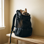 Black ventilated pet travel backpack carrier with a small dog looking out - wrenwood hero