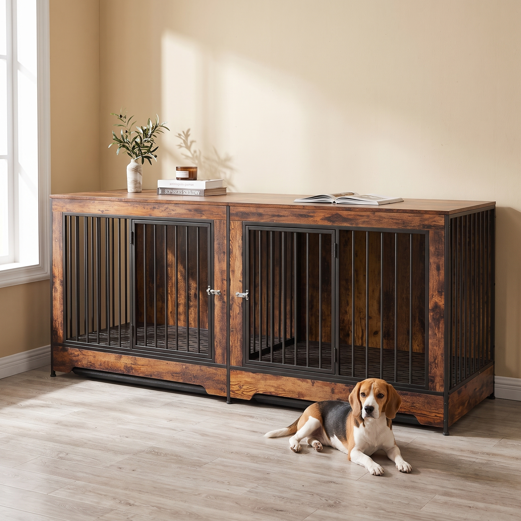 Rustic wooden double dog crate furniture console in a living room with a beagle resting beside it - wrenwood hero