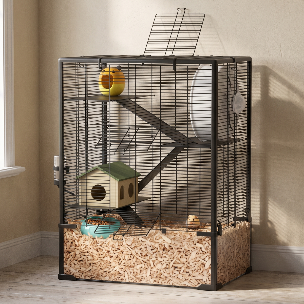 Four-tier glass-base hamster cage in a home office - wrenwood hero