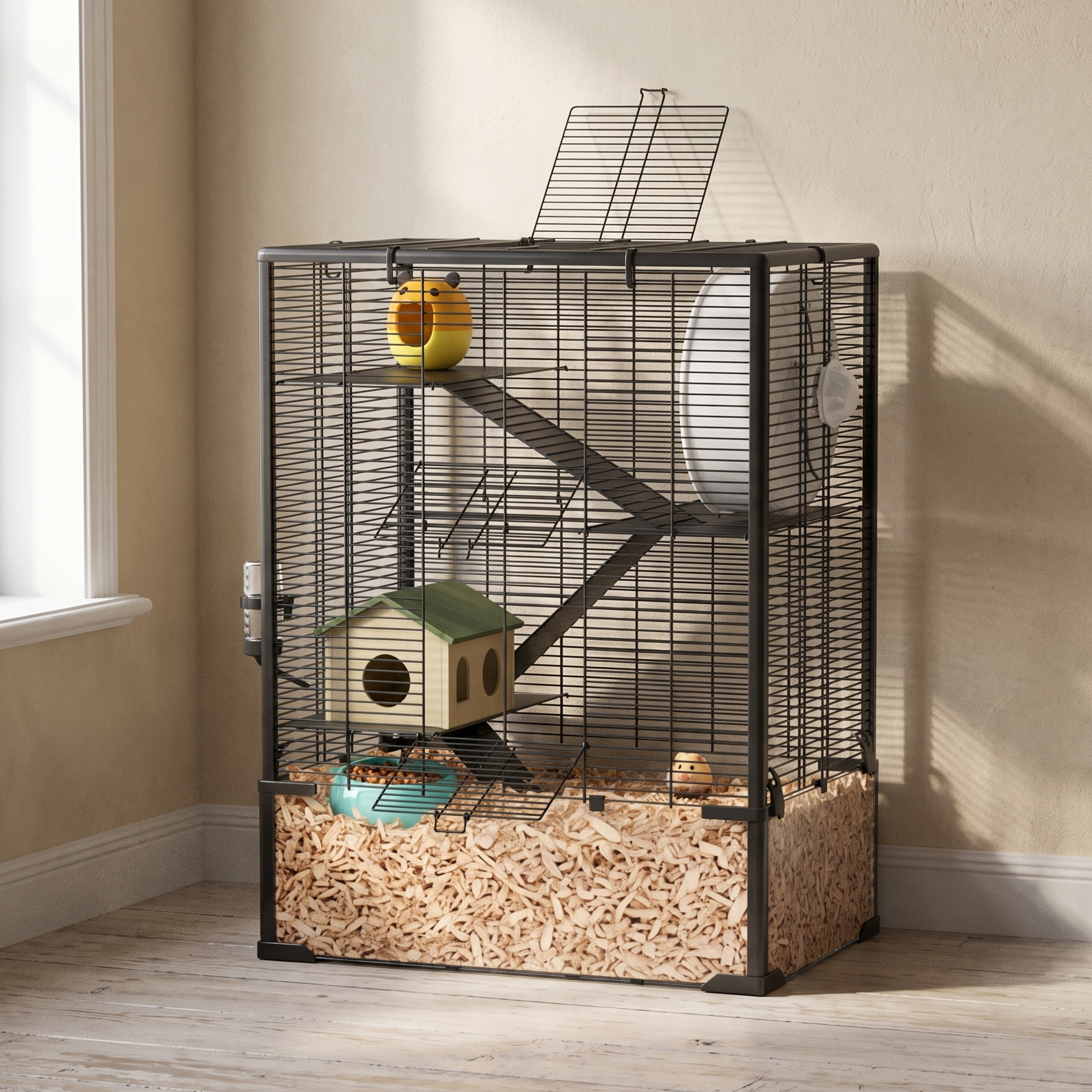 Four-tier glass-base hamster cage in a home office - wrenwood hero