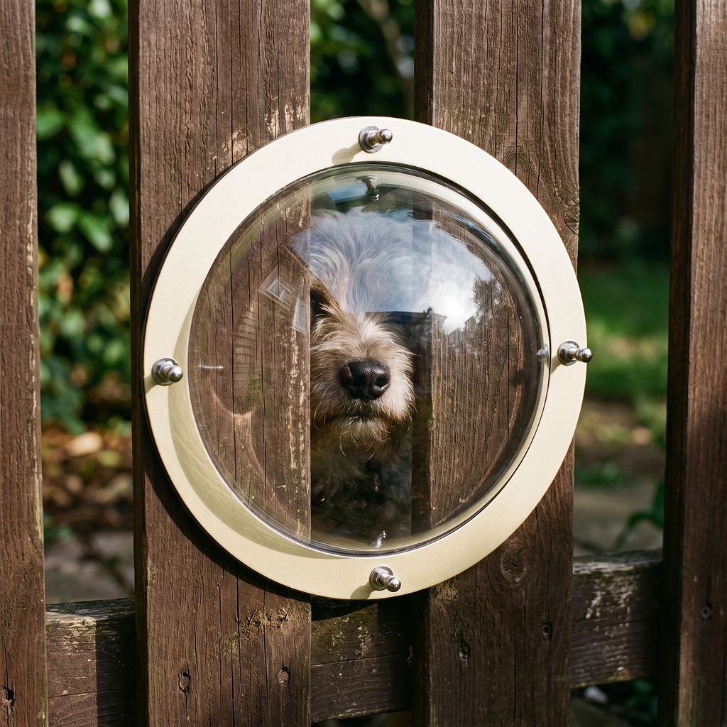 Clear acrylic dome pet fence window installed in a garden fence with a dog looking through - wrenwood hero