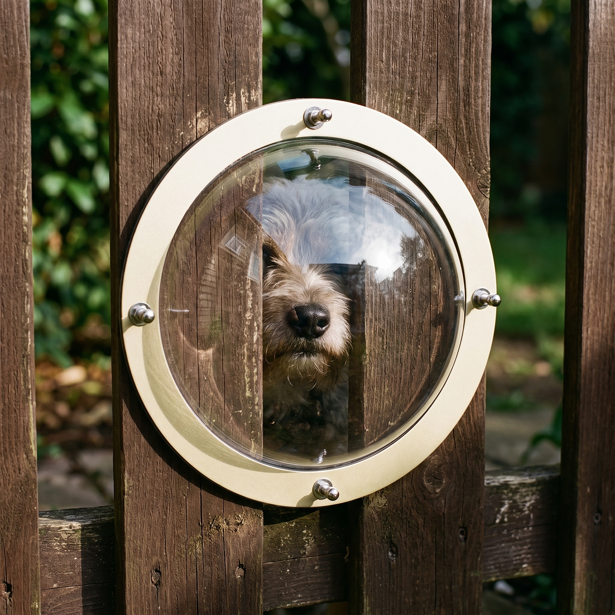 Clear acrylic dome pet fence window installed in a garden fence with a dog looking through - wrenwood hero