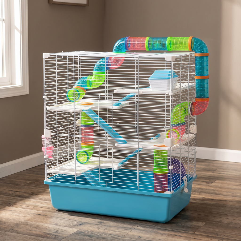 Oversized hamster habitat with tubes and carry handle in a living room - wrenwood hero
