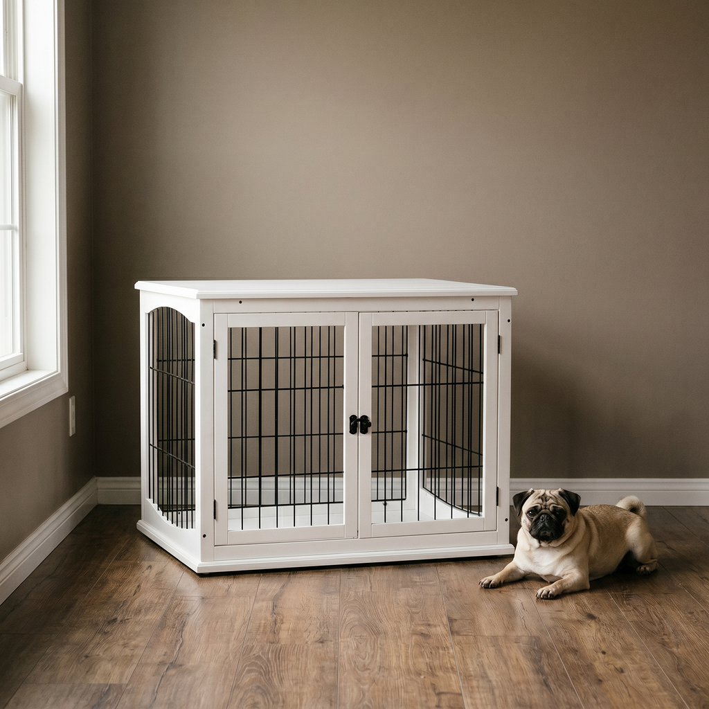 White wooden dog crate end table in a living room with a pug resting beside it - wrenwood hero