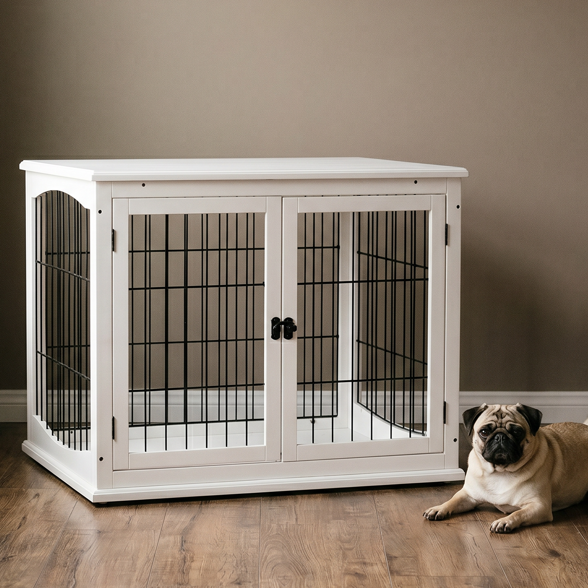 White wooden dog crate end table in a living room with a pug resting beside it - wrenwood hero