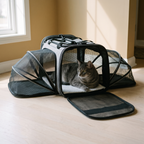 Grey expandable soft-sided airline cat carrier with a tabby cat inside - wrenwood hero