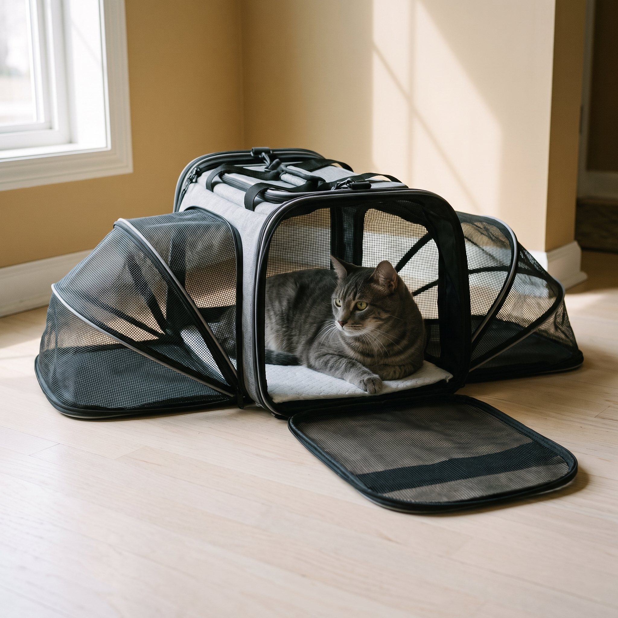 Grey expandable soft-sided airline cat carrier with a tabby cat inside - wrenwood hero