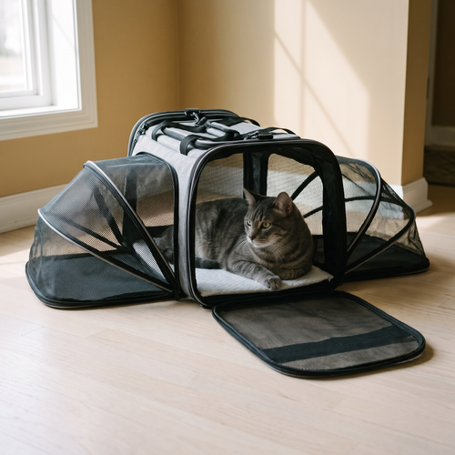 Grey expandable soft-sided airline cat carrier with a tabby cat inside - wrenwood hero