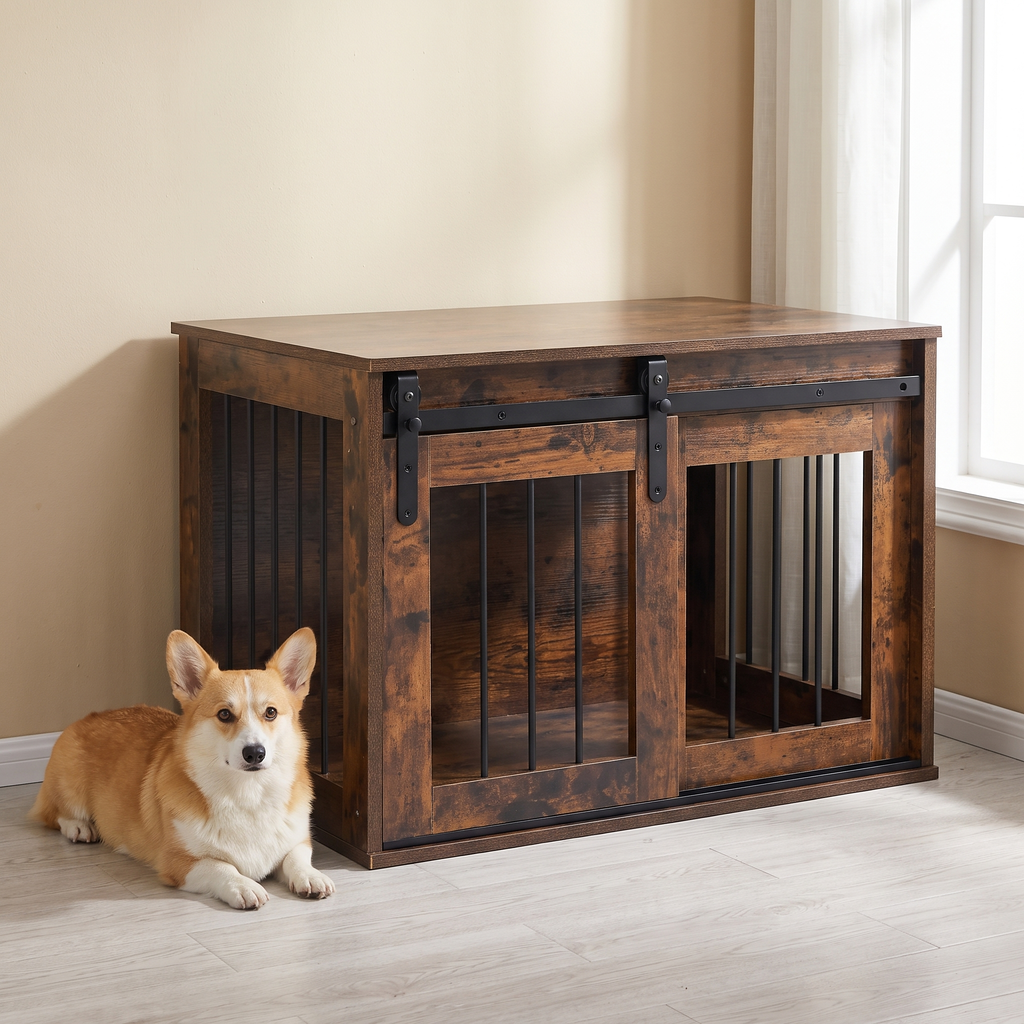 Rustic barn-door wooden dog crate end table in a living room with a corgi resting beside it - wrenwood hero