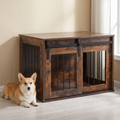 Rustic barn-door wooden dog crate end table in a living room with a corgi resting beside it - wrenwood hero