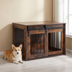 Rustic barn-door wooden dog crate end table in a living room with a corgi resting beside it - wrenwood hero