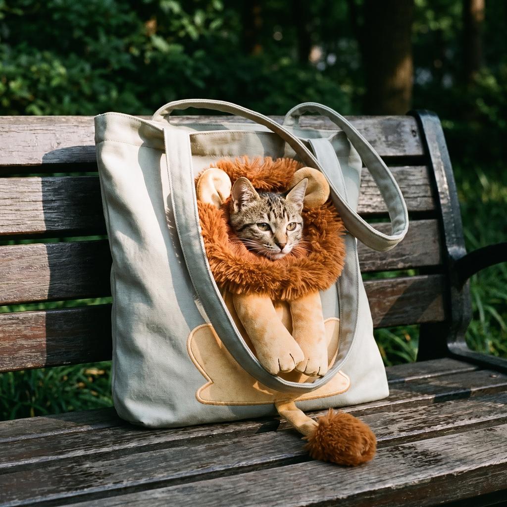 Lion-design canvas pet carrier tote on a park bench with a cat inside - wrenwood hero